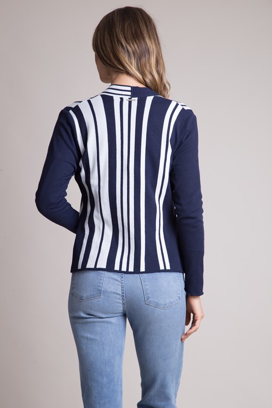 Blazer manga longa tricot multi listras azul marinho
