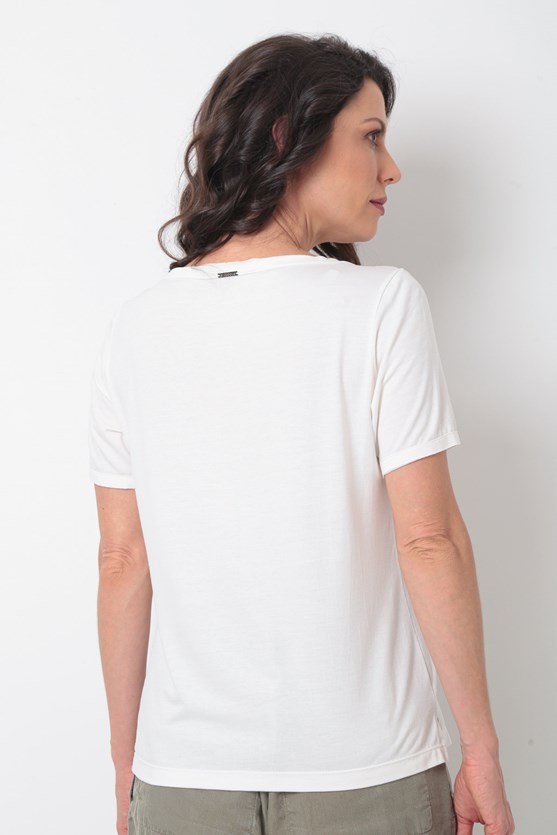 Blusa manga curta decote v á fio recorte  off white