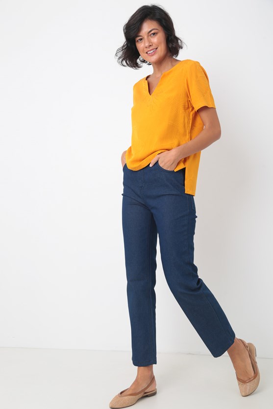 Blusa manga curta decote v viscose laranja