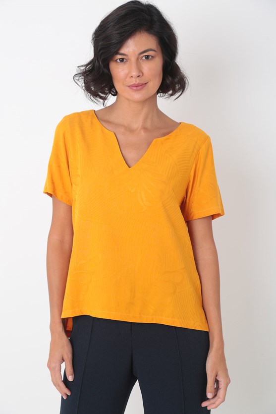Blusa manga curta decote v viscose laranja