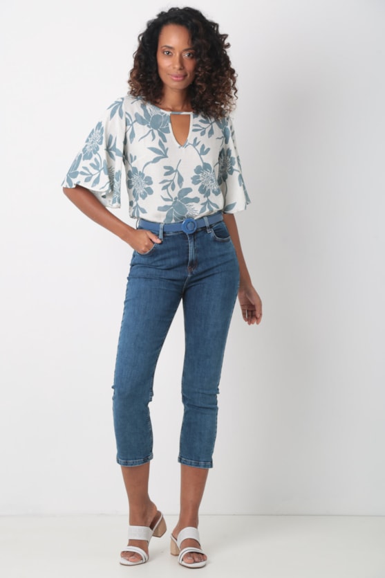 Blusa Viscose Com Linho Bianca Punhos Dobrados Com Martingalê Azul