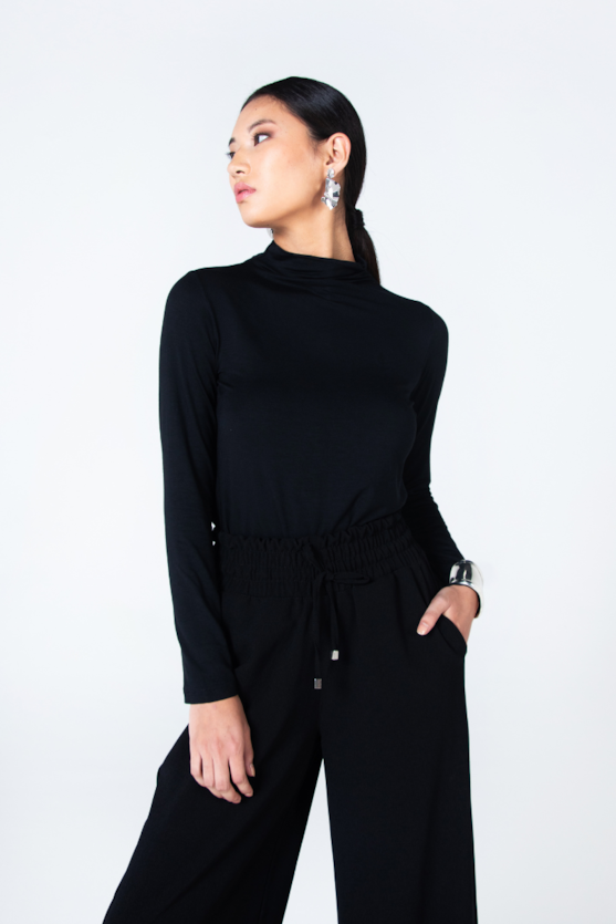 Long Sleeve Mock Neck Black Wide Leg Jumpsuit