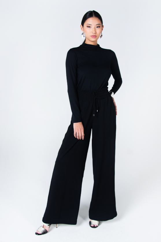 Long Sleeve Mock Neck Black Wide Leg Jumpsuit