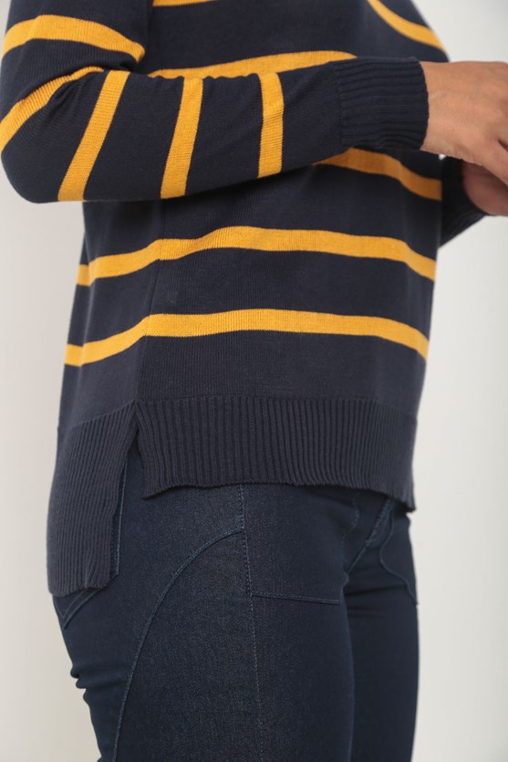 Blusa manga longa tricot listrada azul marinho