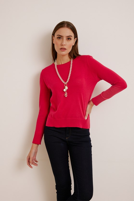 Blusa tricot decote redondo rosa pink