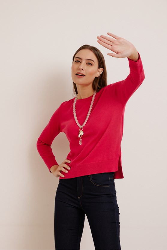 Blusa tricot decote redondo rosa pink