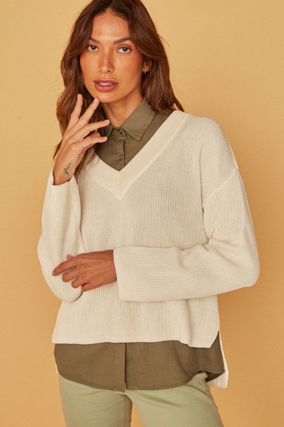 Blusa tricot decote v largo off white