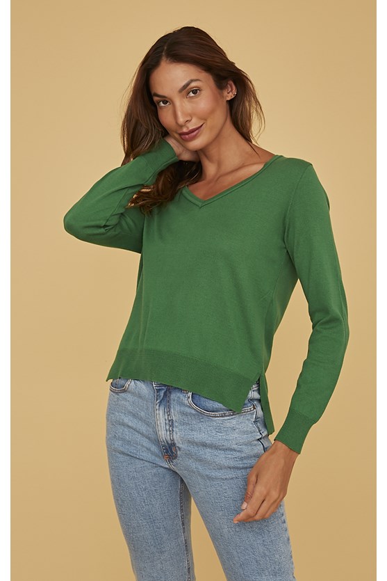 Blusa tricot decote v verde folha