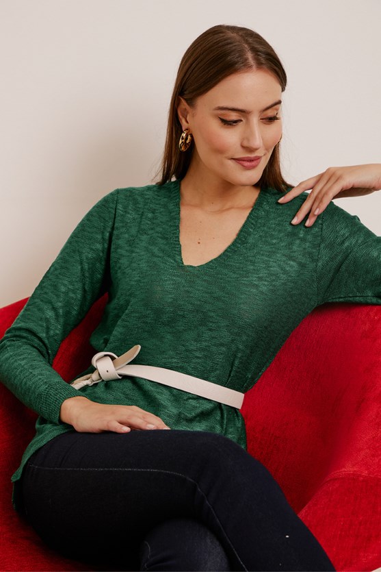 Blusa tricot gola v flame verde
