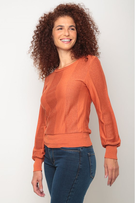 Blusa tricot listras largas lurex laranja