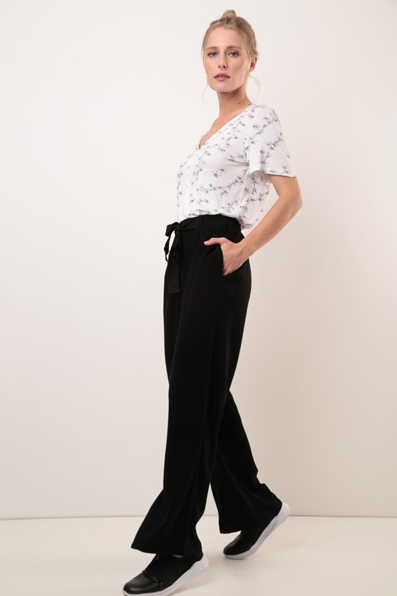 Calça amarração cintura pantalona algodão preto
