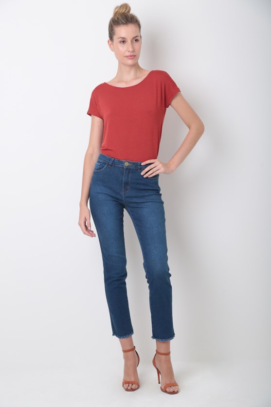 Calça jeans cropped vivo lateral barra desfiada média