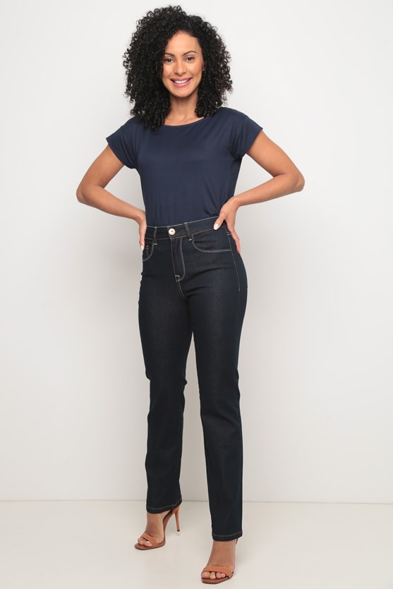 Calça jeans slim contraste linha escura