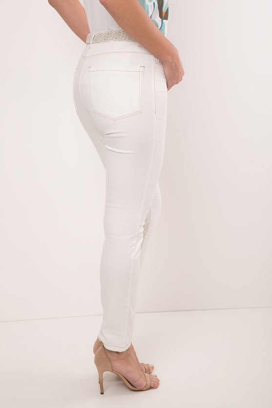 Calça slim tradicional cintura alta efeito redutor pesponto off white