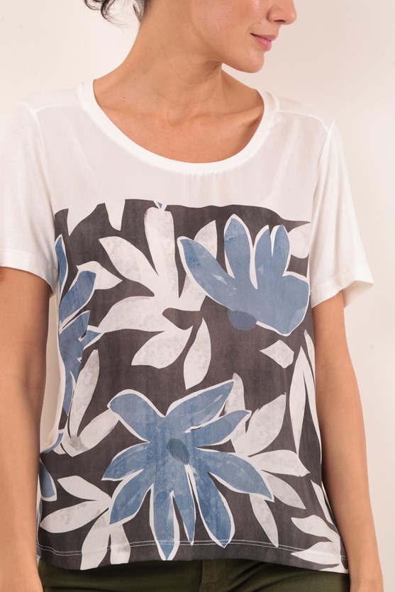 T-shirt decote u manga curta flores off white