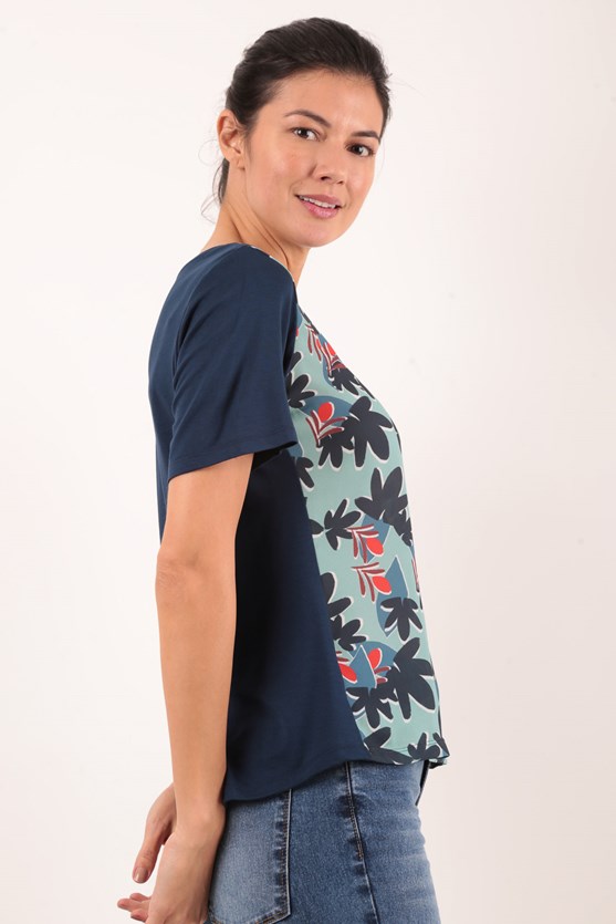 T-shirt decote v manga curta florida azul marinho